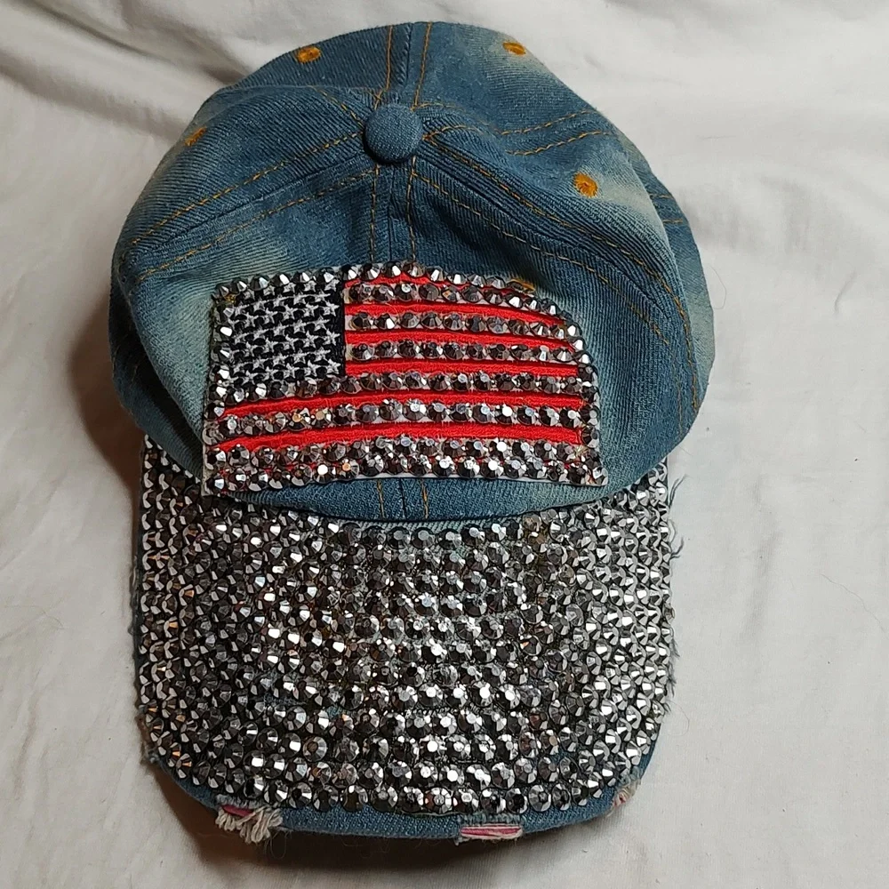 Bling American Flag Denim Distressed Jean Cap USA Hat - Picture 1 of 11